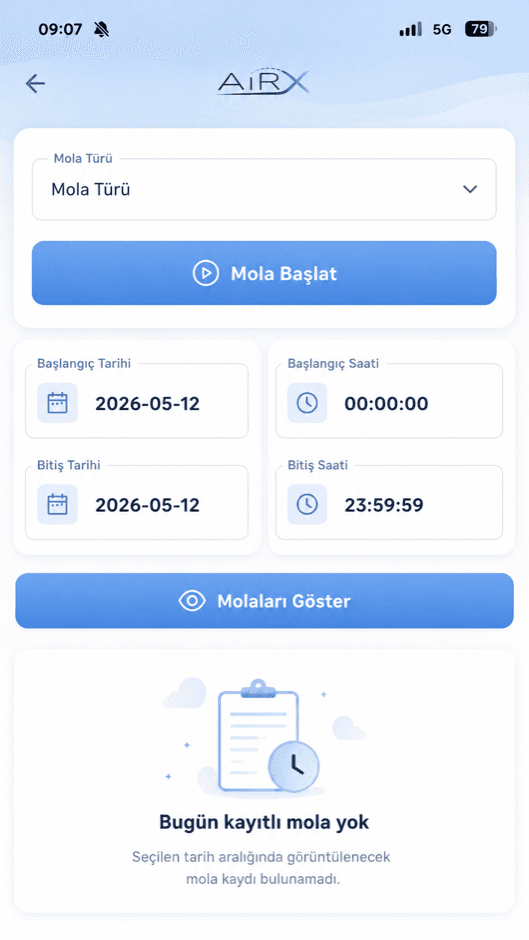 AiRX · mobile break tracking with date and time pickers, start break