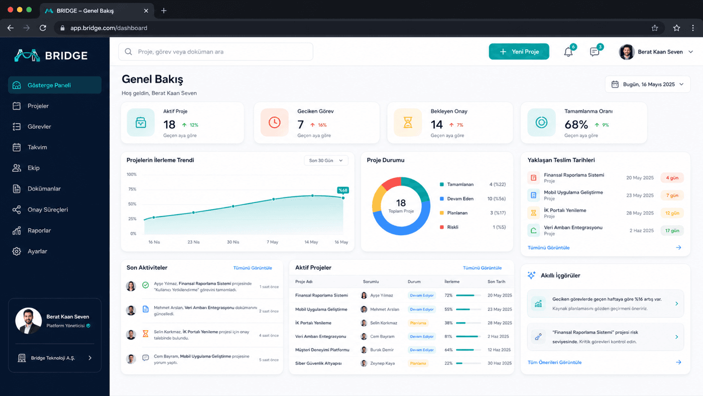 Bridge UI · Overview panel with KPIs, projects and trend graphs