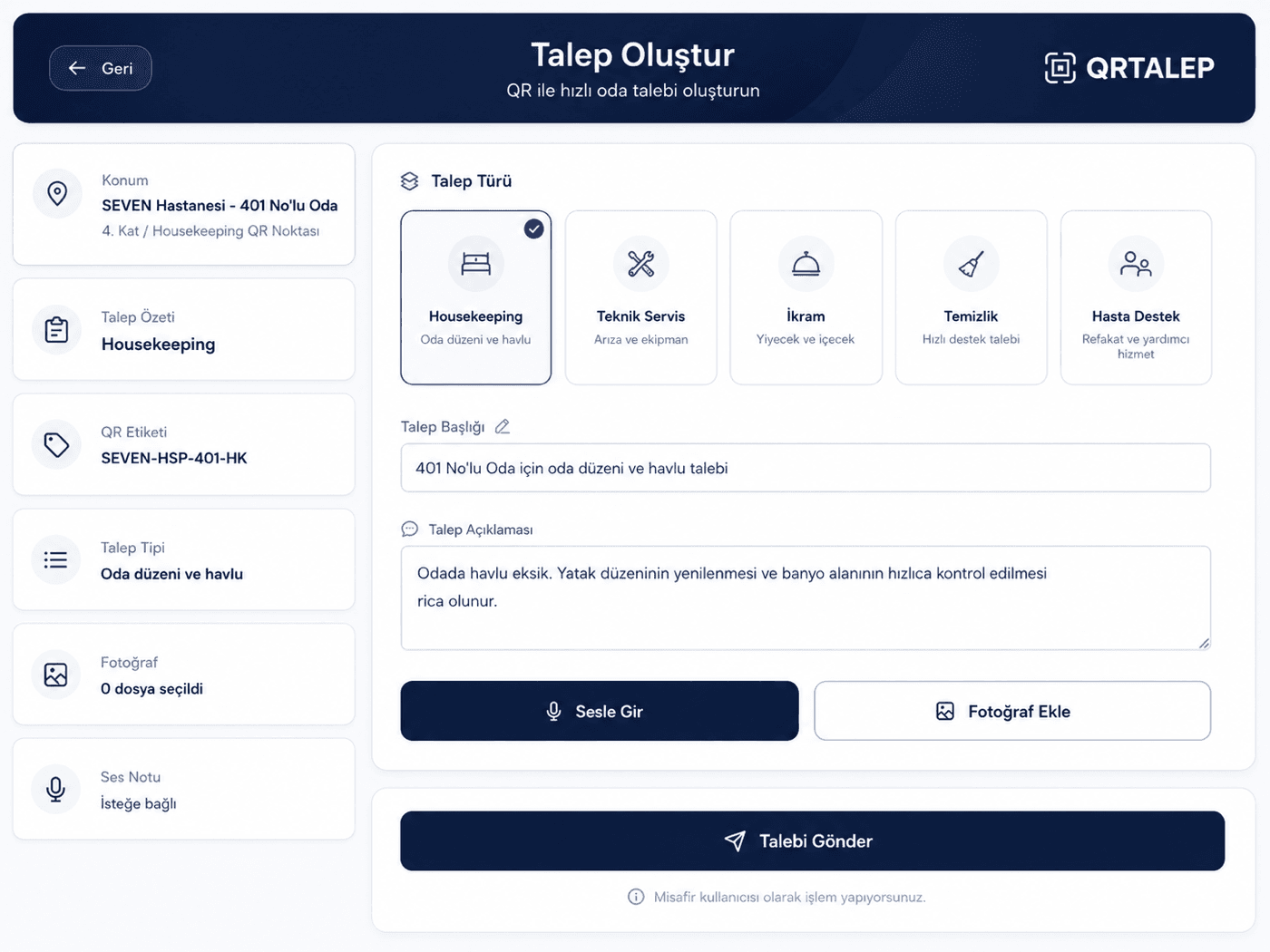 QRTalep · admin dashboard with locations, tasks and status pills