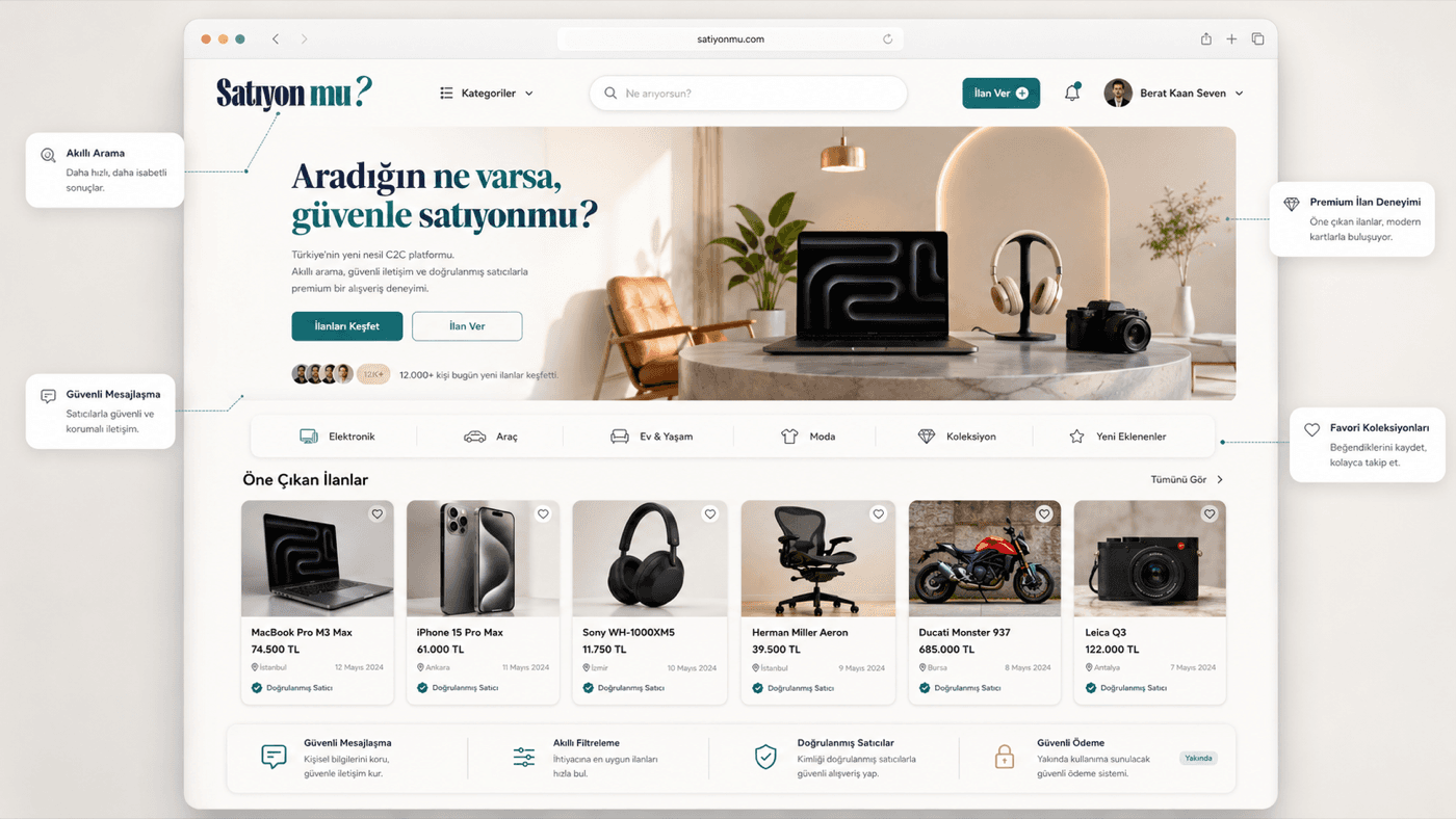 Satıyon mu? · marketplace listing feed with swipe-style discovery