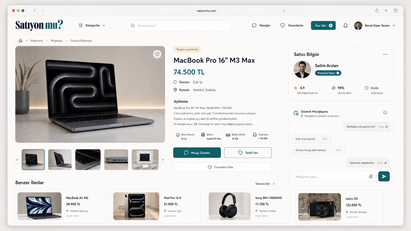 Satıyon mu? · listing detail page with media, price and Q&A