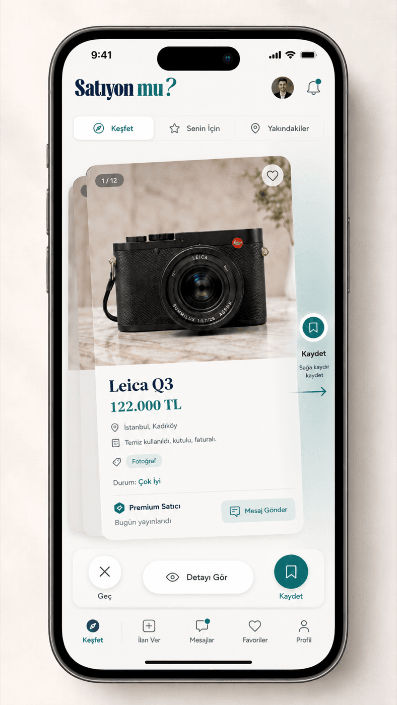 Satıyon mu? · mobile companion app with swipe interactions