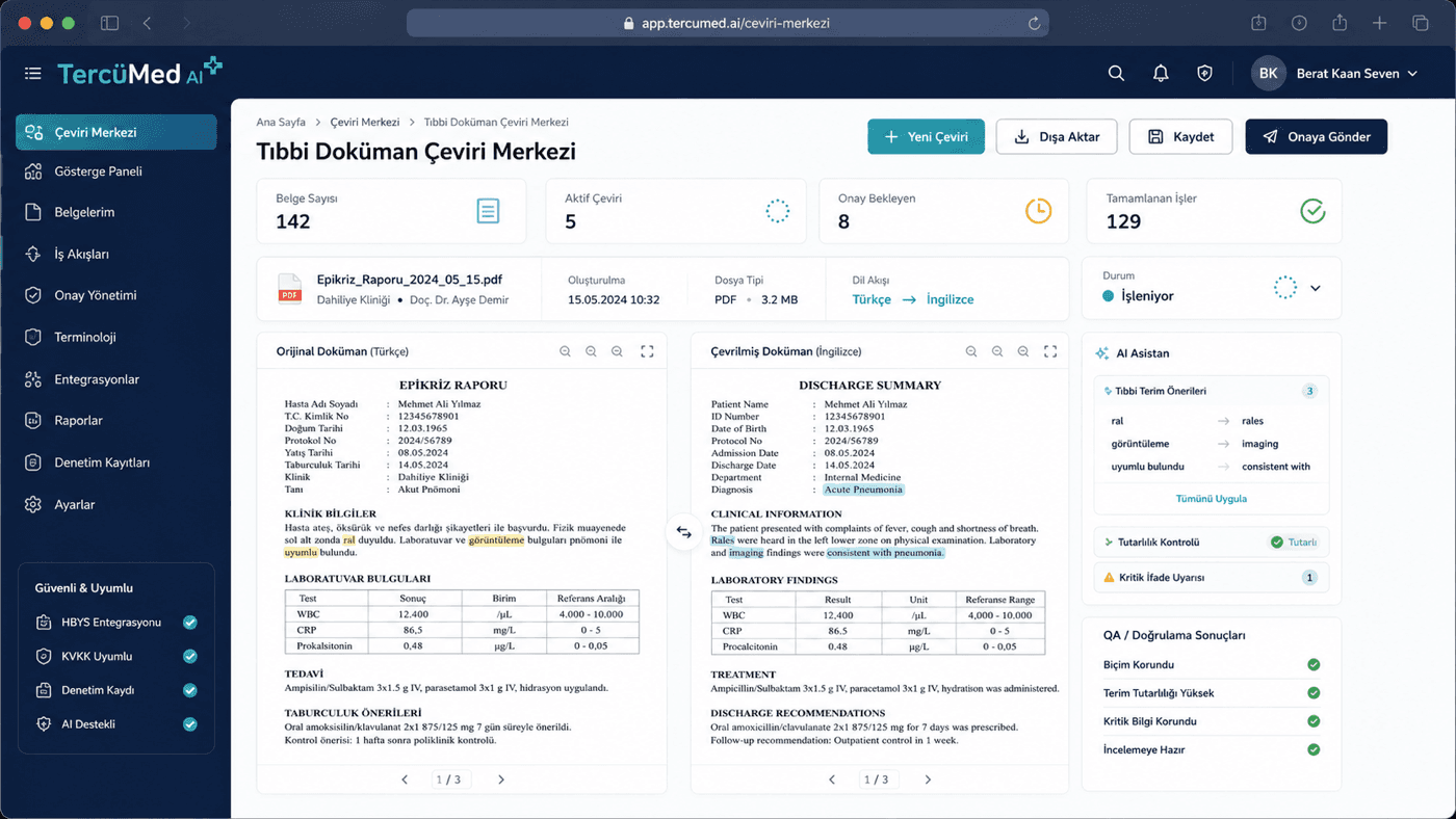 TercüMed AI · Medical Document Translation Center with document list and original/translated side-by-side