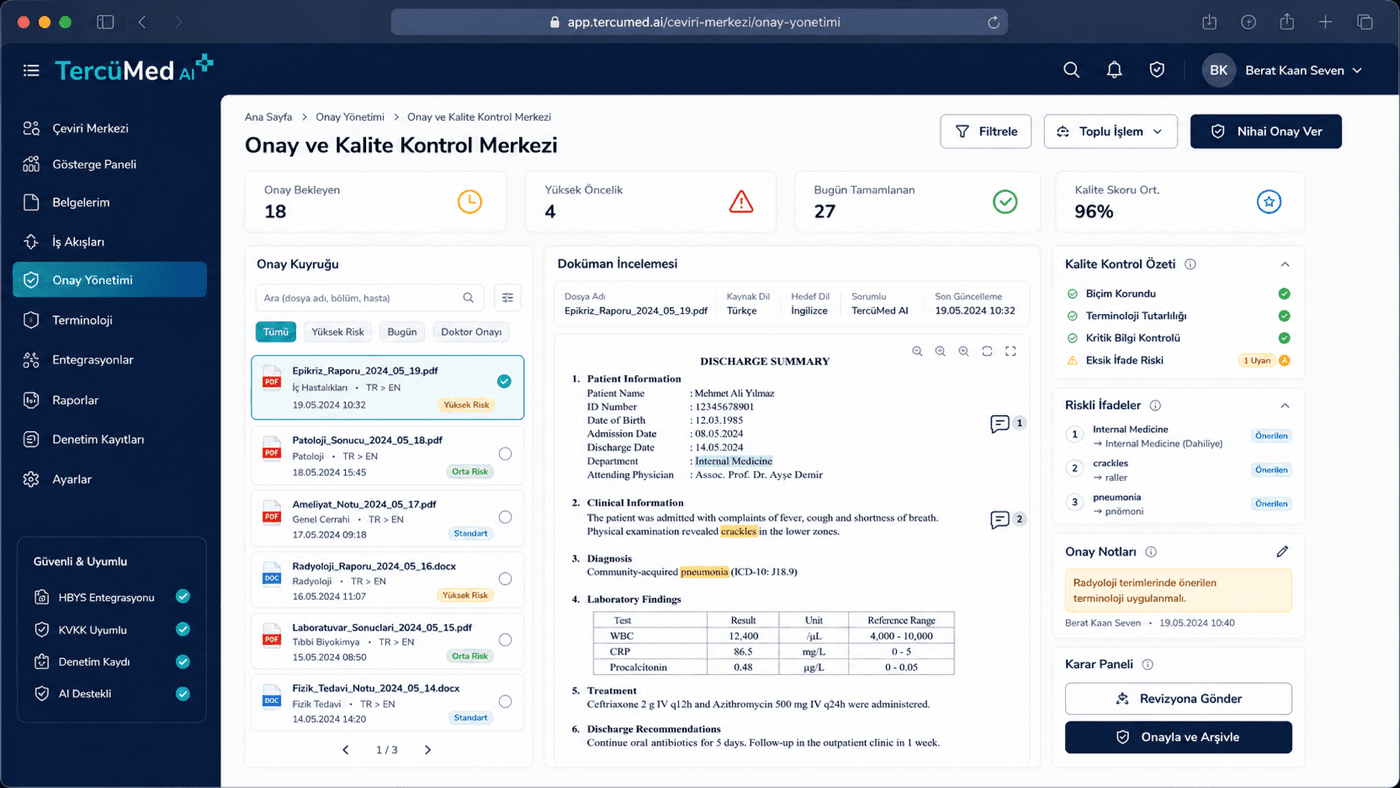 TercüMed AI · Approval and Quality Control Center with approval queue, document review and quality score